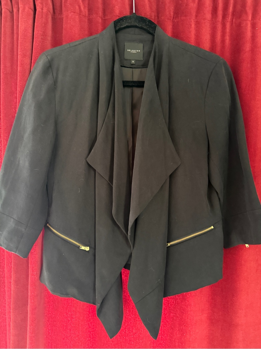 Draped Open-Front Black Blazer with Gold Zippers